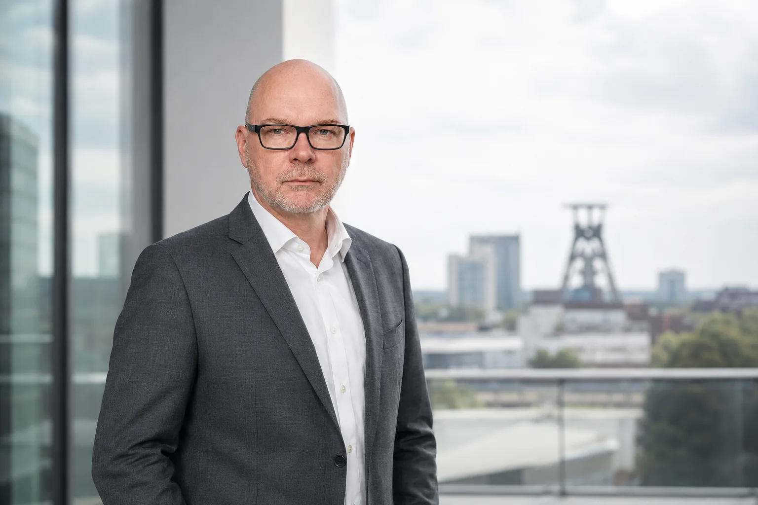 Stefan Budde-Siegel im schwarzen Sakko vor einer urbanen Ruhrgebietskulisse mit Förderturm