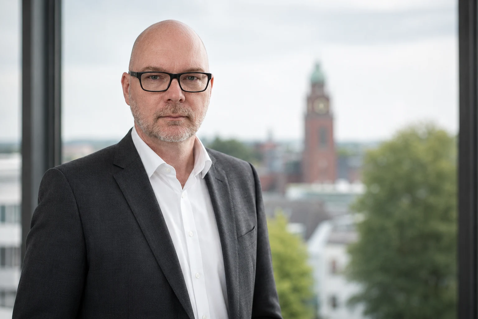 Stefan Budde-Siegel im schwarzen Sakko vor einer Gladbecker Stadtansicht mit rotem Kirchturm