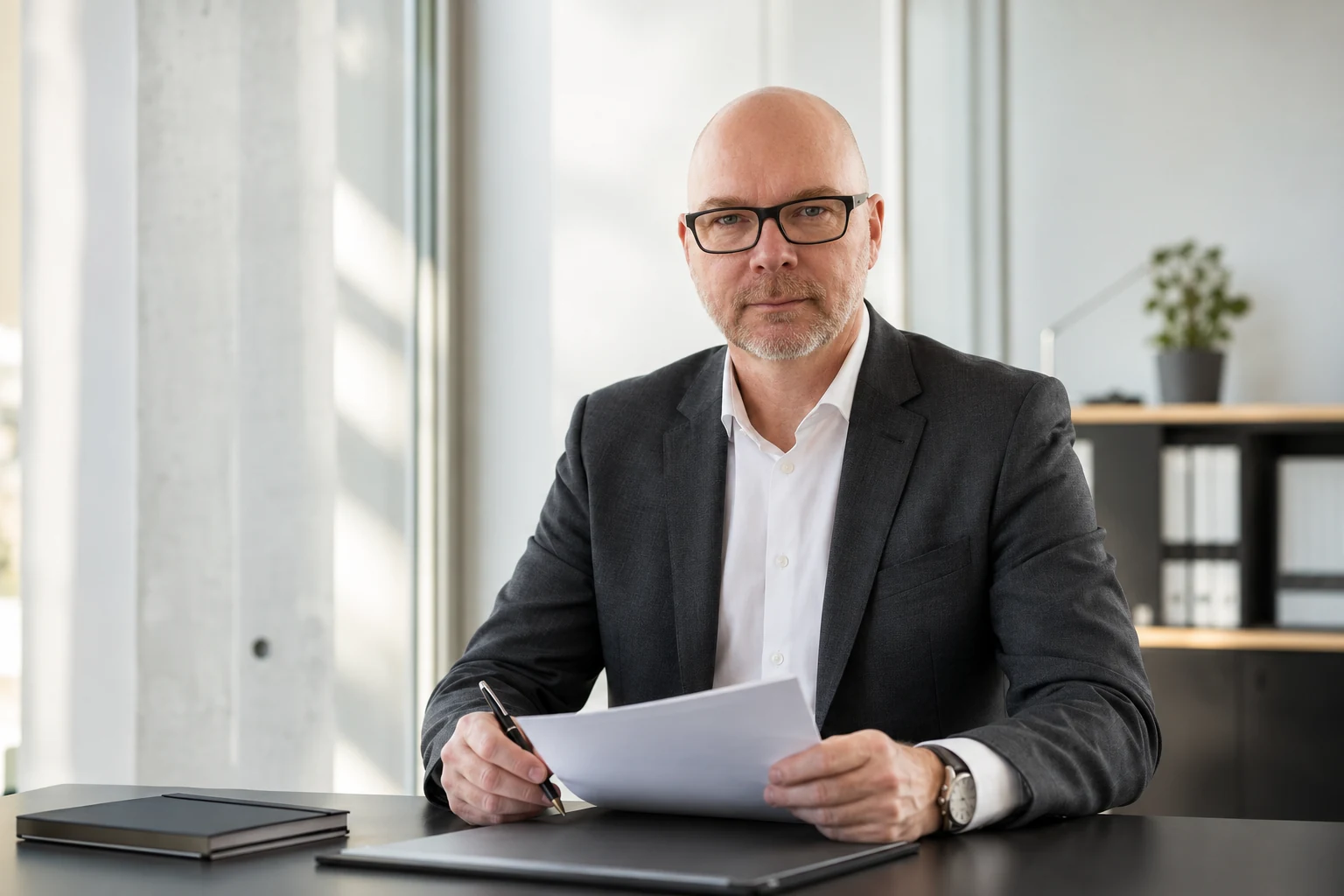 Stefan Budde-Siegel im schwarzen Sakko an einem Schreibtisch bei der Prüfung von Immobilienunterlagen